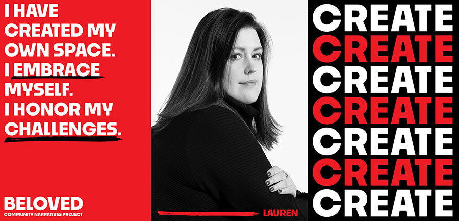 Create - portrait of Lauren with an excerpt of her quote emphasizing 