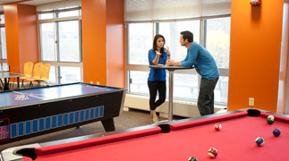 Students in the common area of a residence hall