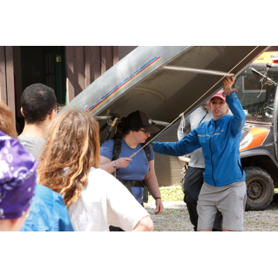 A demo on portaging one's canoe at Raquette Lake