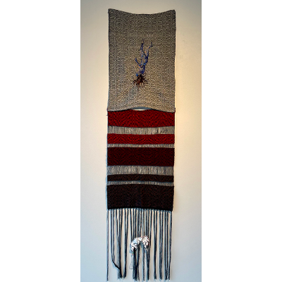 Melissa Kummrow, “Hypnic Jerk,” 2025. Weaving and embroidery