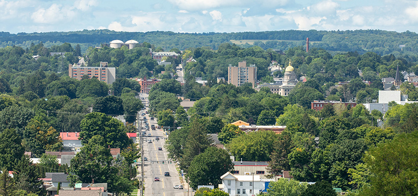 Aerial view of the city of Cortland from the east
