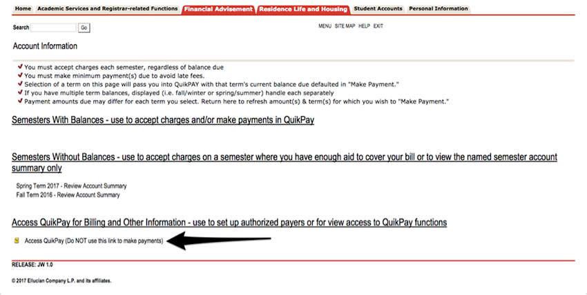 Screenshot with an arrow pointing to the "Access QuikPay (Do Not use this link to make payments)" link underneath the "Access QuikPay for Billing and Other Information" heading