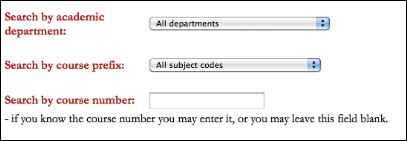 Screenshot of CRN search fields: search by academic department dropdown, search by course prefix dropdown, and search by course number field