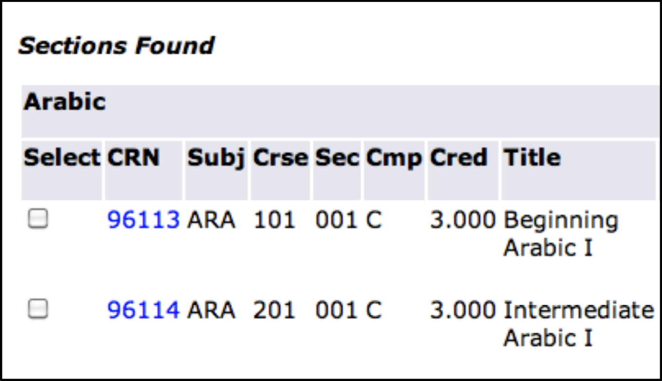 Screenshot showing checkboxes next to available courses