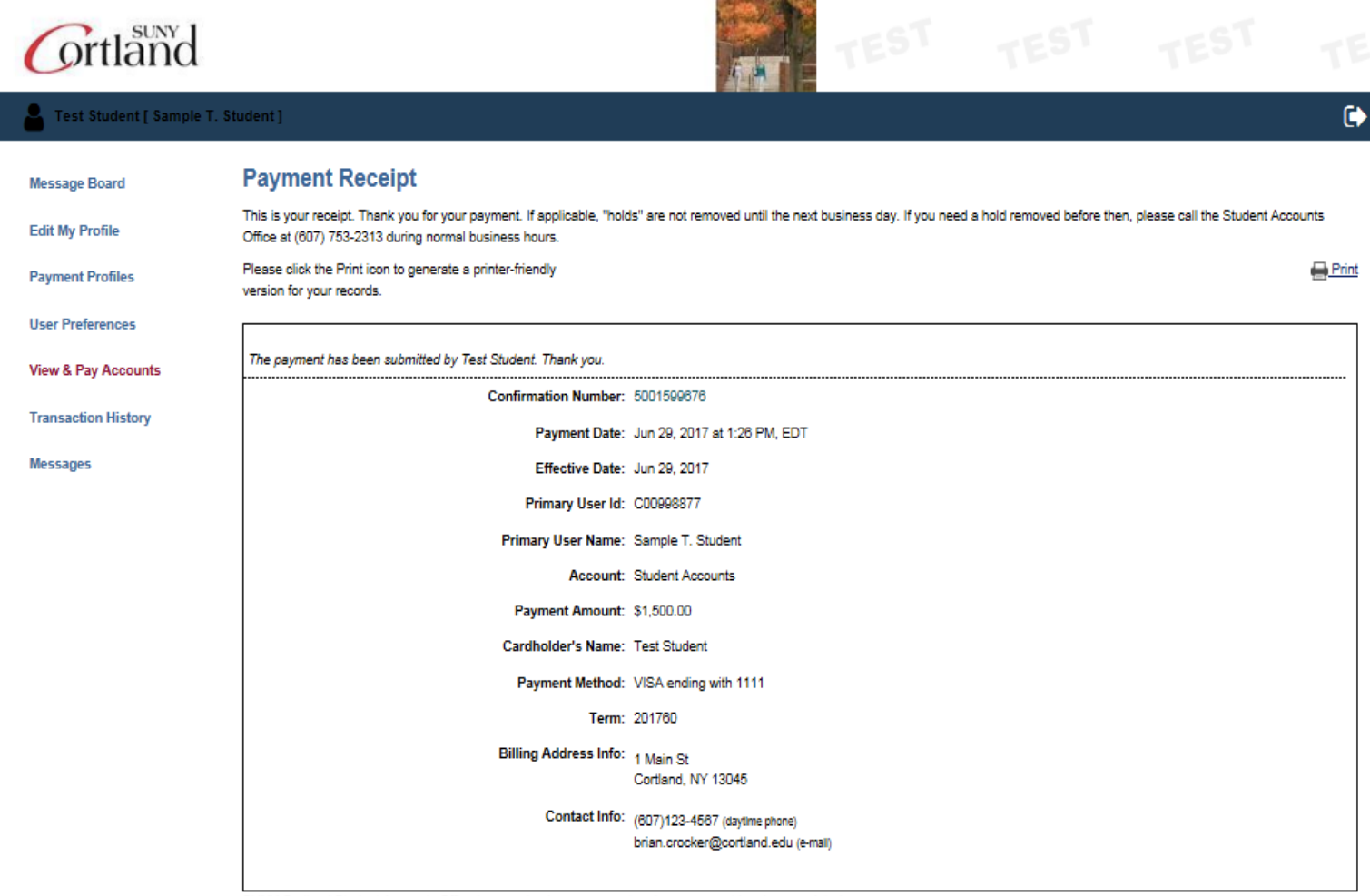 Screenshot of Payment Receipt screen with overview of payment details and an option to print the receipt.