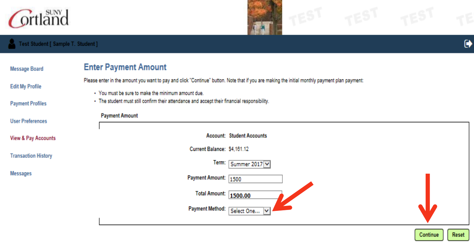 Screenshot of the View & Pay Accounts page, with arrows pointing to a dropdown to select a Payment Method and a Continue button