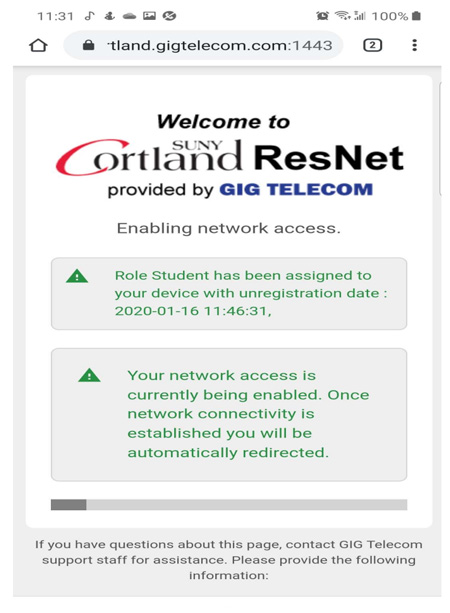 Success messages will display on the screen to indicate registration