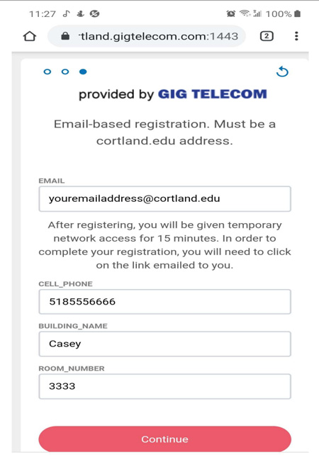 Enter your Email address, Cell phone number, Building name and Room number