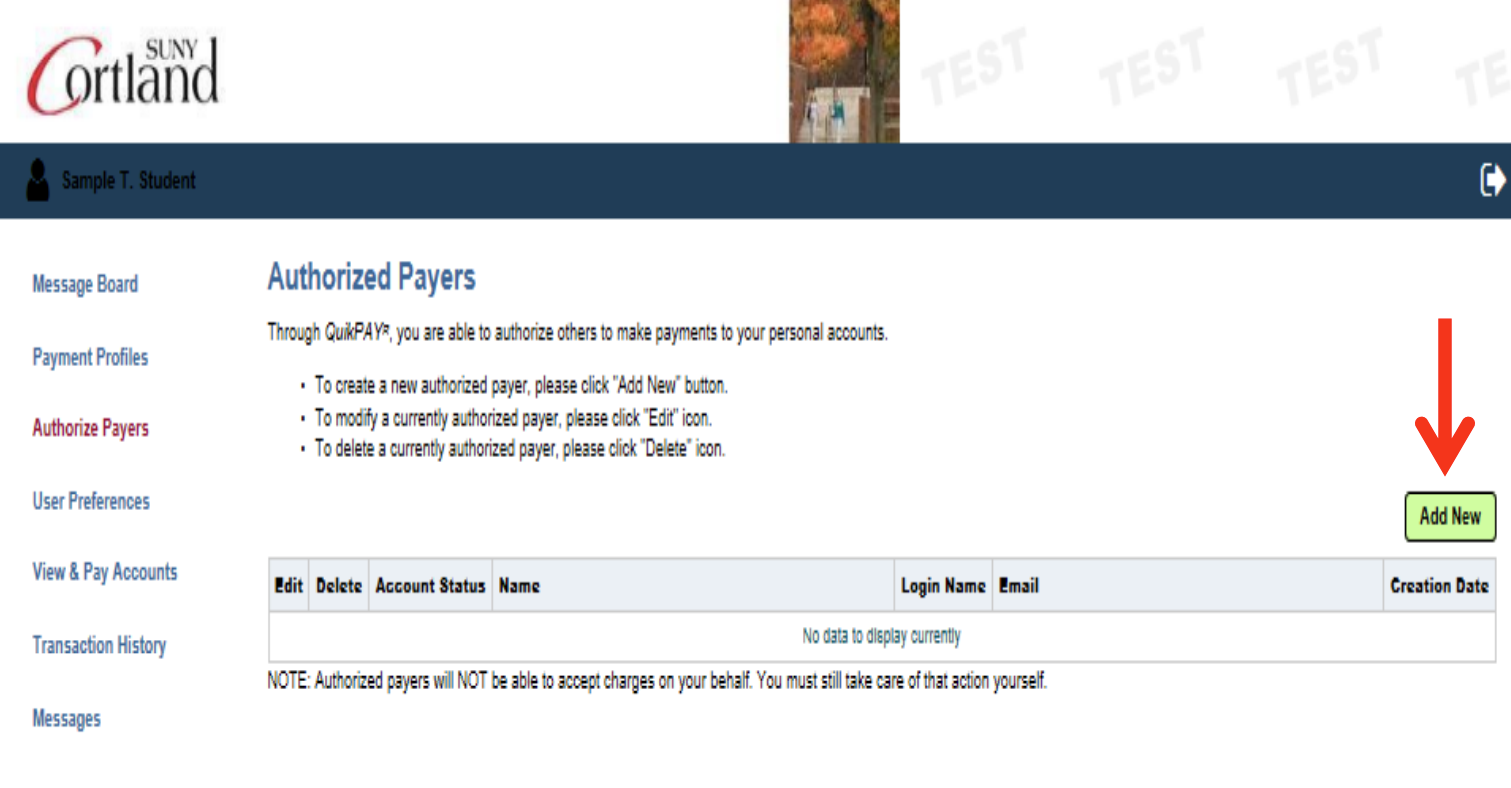 Screenshot of the Authorized Payers page with an arrow pointing to the "Add New" button