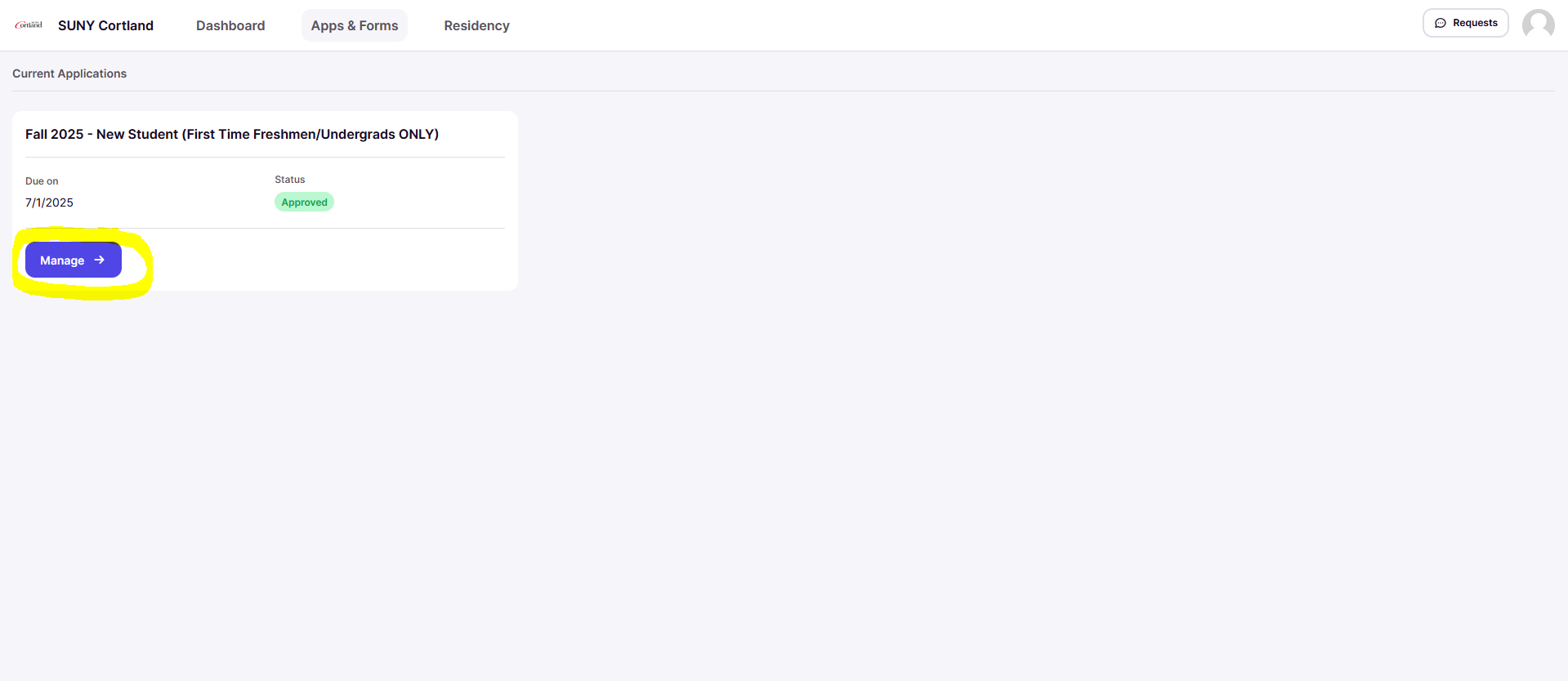 screenshot highlighting the Manage button.