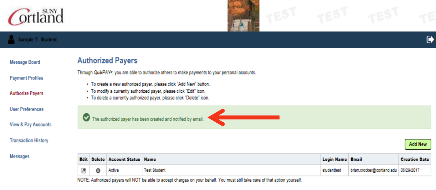 Screenshot of Authorized Payers page with an arrow pointing to the success message: "The authorized payer has been created and notified by email"
