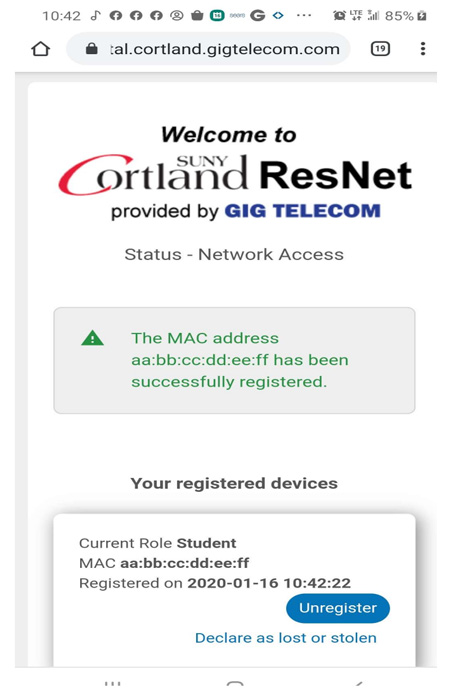 Success message showing that the MAC address was successfully registered