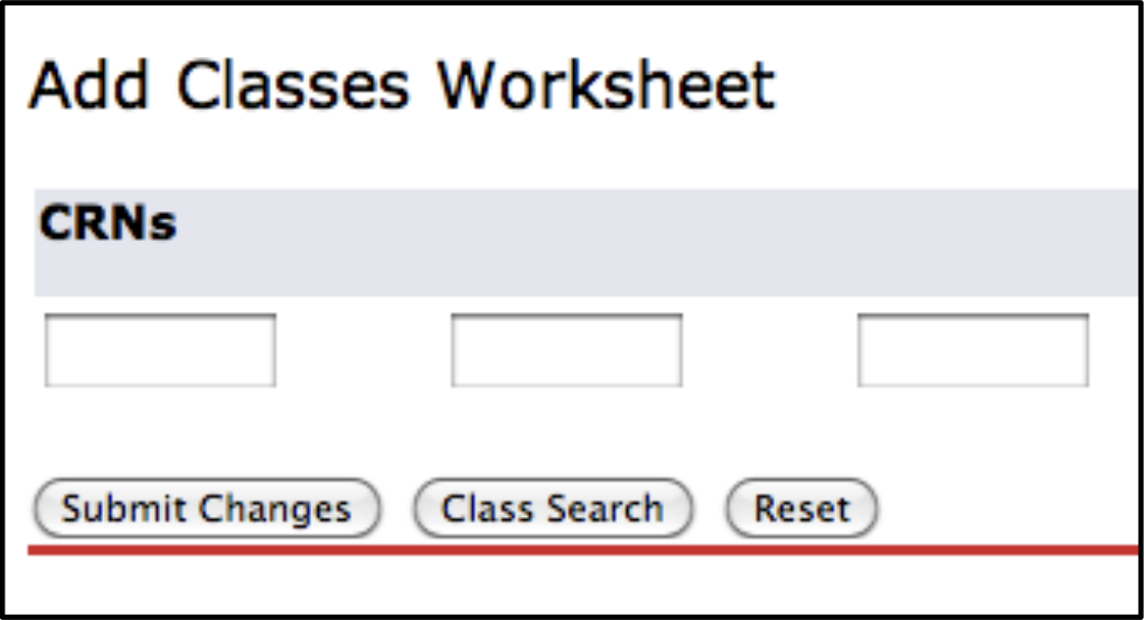 Screenshot of the "Add Classes Worksheet" with multiple fields for CRNs
