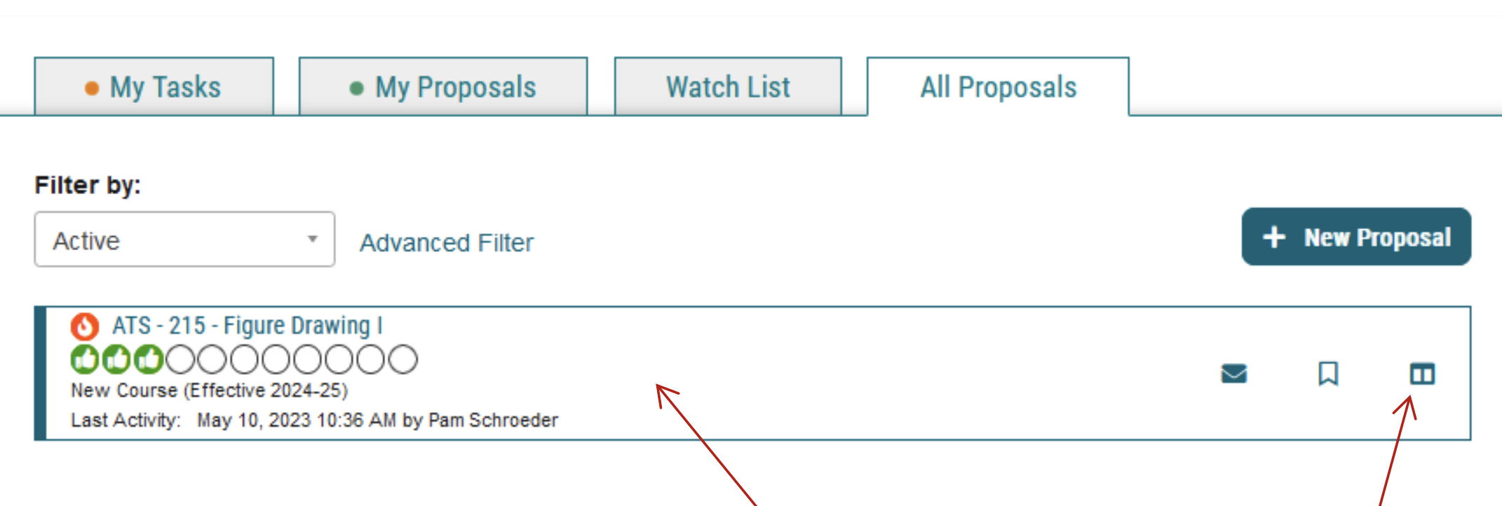 Screenshot of all proposals tab with arrows pointing to the proposal name and the View Summary icon