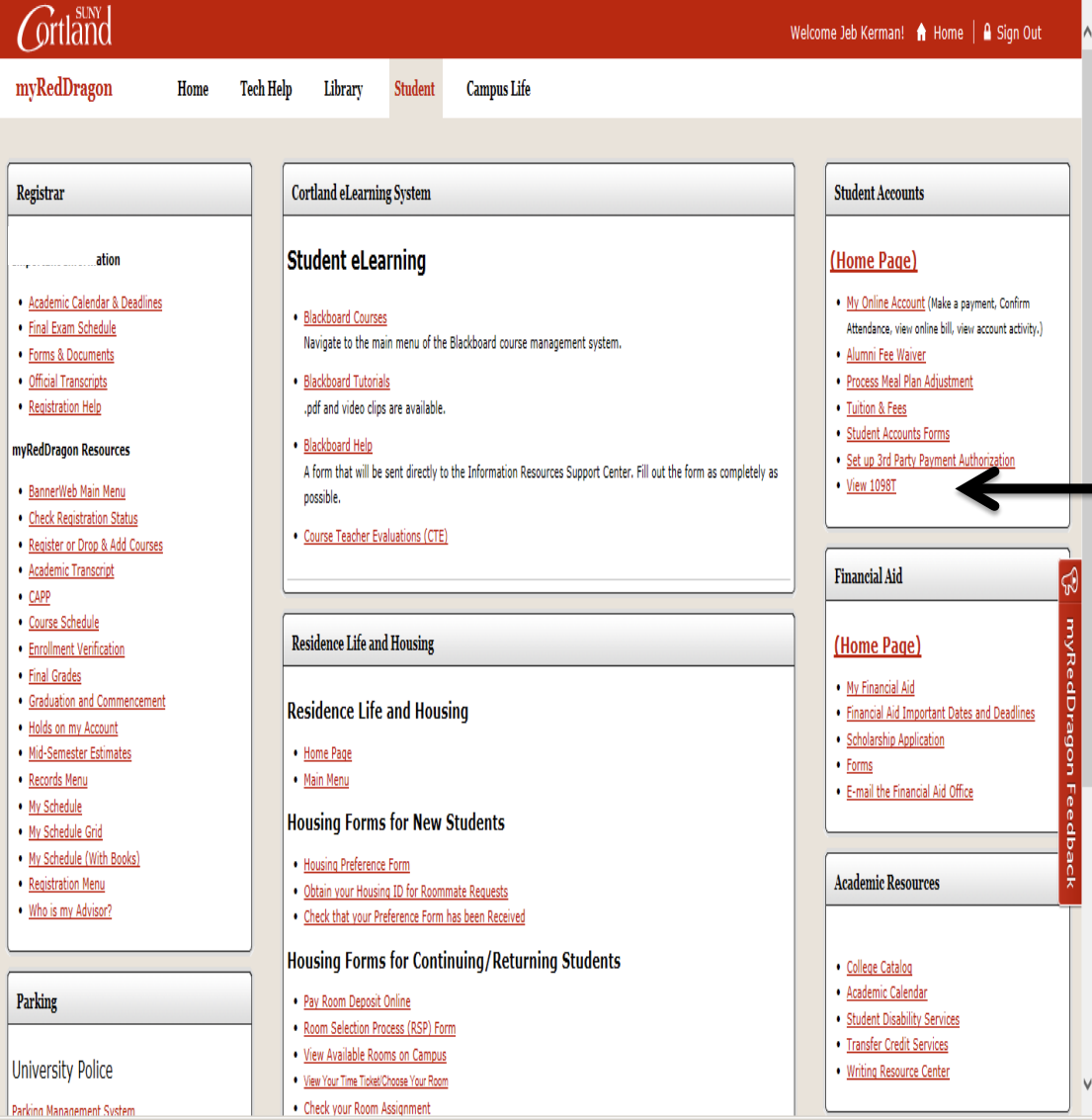 Screenshot of dashboard with arrow pointing to the "View 1098-T" link