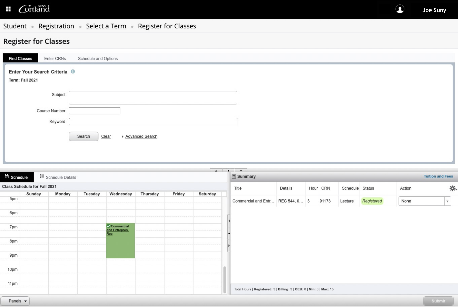 Register for Classes screen