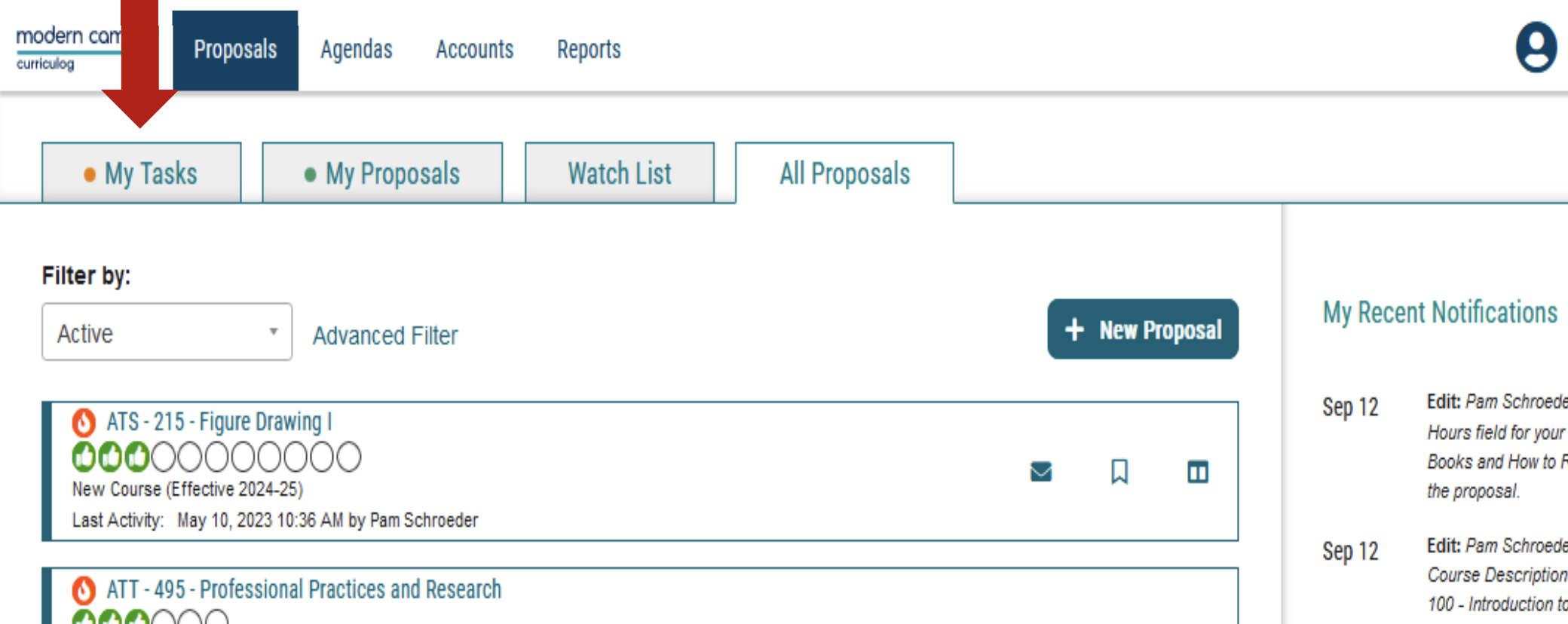 Screenshot of curriculog with arrow point to My Tasks tab