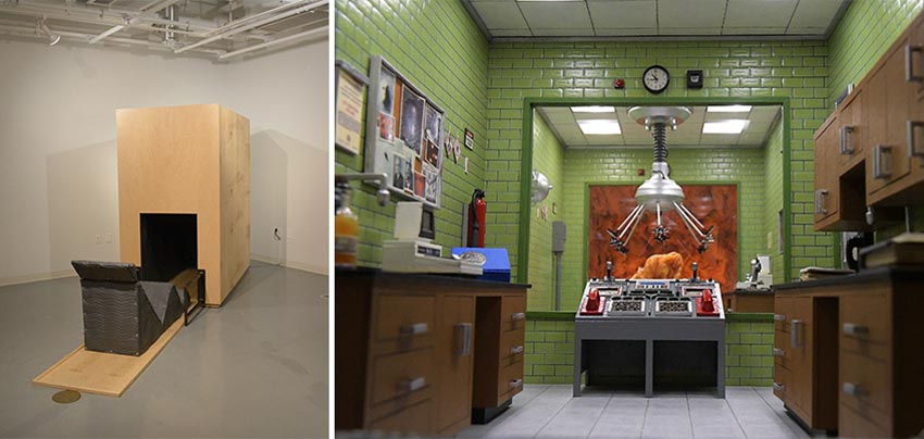 View into the west gallery at Dowd Gallery featuring sculptural objects produced by Buffalo-based sculptor Gary Sczerbaniewicz.
