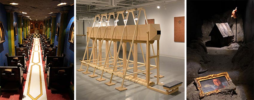 Central gallery: &ldquo;Neil Before Zod: LEM/LAM&rdquo;, 2018-2020, wood, elevator padding, clip lights, craft paper, incense; 6.5(h) x 5.25(w) x 12(L) feet, and left and right interior view depicting detail miniature diorama. 