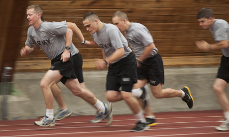 Physical practice in Lusk Field House ROTC guys