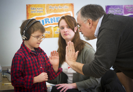 Groton Elementary School Hearing Clinic Groton kid, grad student and Mike Pitcher