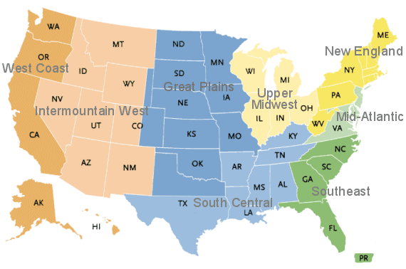 US regions map US regions map